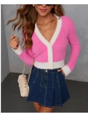 Vici pink and cream soft fuzzy cardigan button up size small V neck NWOT